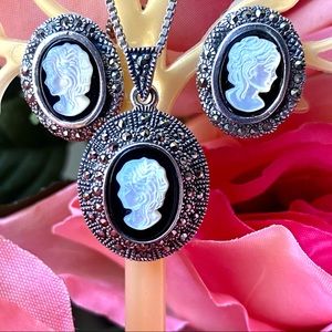 CAMEO NECKLACE EARRINGS SET Onyx Marcasite Mother Of Pearl